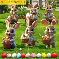 6 PCS of Easter 2D Flat Plastic Rabbit Garden Stake Yard Sign Garden Decoration