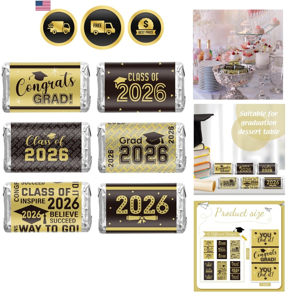 Graduation Candy Bar Wrappers Labels Stickers Class of 2026 Party Supplies