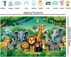 Jungle Animal Birthday Backdrop 71 X 43 Inch Safari Zoo Cartoon Banner with Lion