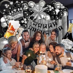 Black and Silver Party Decorations, Black Silver White Foil Balloons Happy Ba…