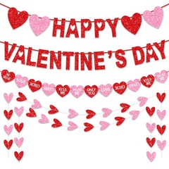 Happy Valentine’s Day Banner, Valentine’s Day Decorations Pre-Assembled Red Pink