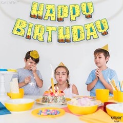 , Large Happy Birthday Banner – Pre Strung, 10 Feet | Cartoon Banner Yellow