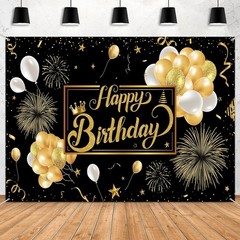 Chic Black & Gold Birthday Backdrop – Large 7x5ft Size for Celebratory Moments