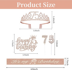 75th Birthday Decorations Set for Women Rose Gold Sash Crown Tiara
