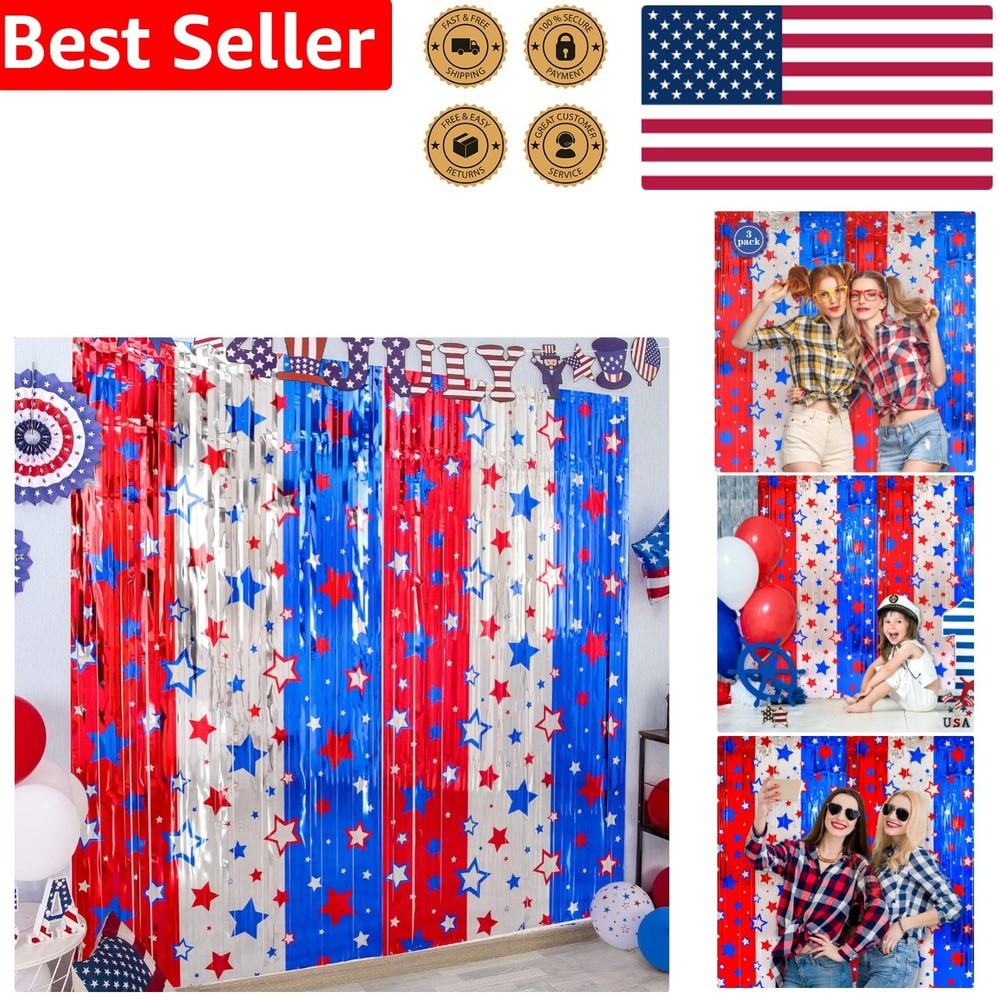 Party Backdrop Kit 3x Star Foil Fringe Curtains Red Blue White Patriotic Decor