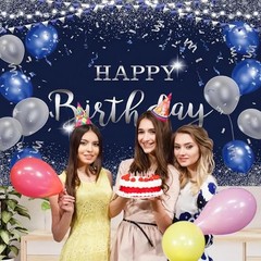 Happy Birthday Backdrop for Men Boys Navy Blue and Silver 7x5ft Birthday-2