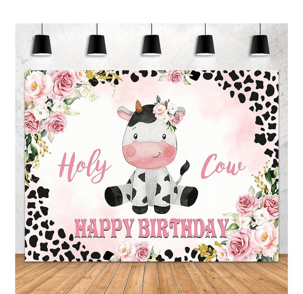 Floral Cow Happy Birthday Party Backdrop Banner Pink Black White 7ft x 5ft