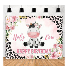 Floral Cow Happy Birthday Party Backdrop Banner Pink Black White 7ft x 5ft
