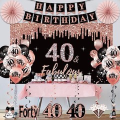 40th Birthday Party Decorations Kit – 33pcs Black Rose Gold Banner, Crown, Ballo