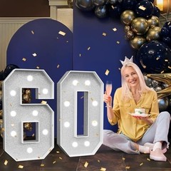 Large 3ft Silver Light Up Number 60 – 60th Birthday Decorations, Party Decor, An