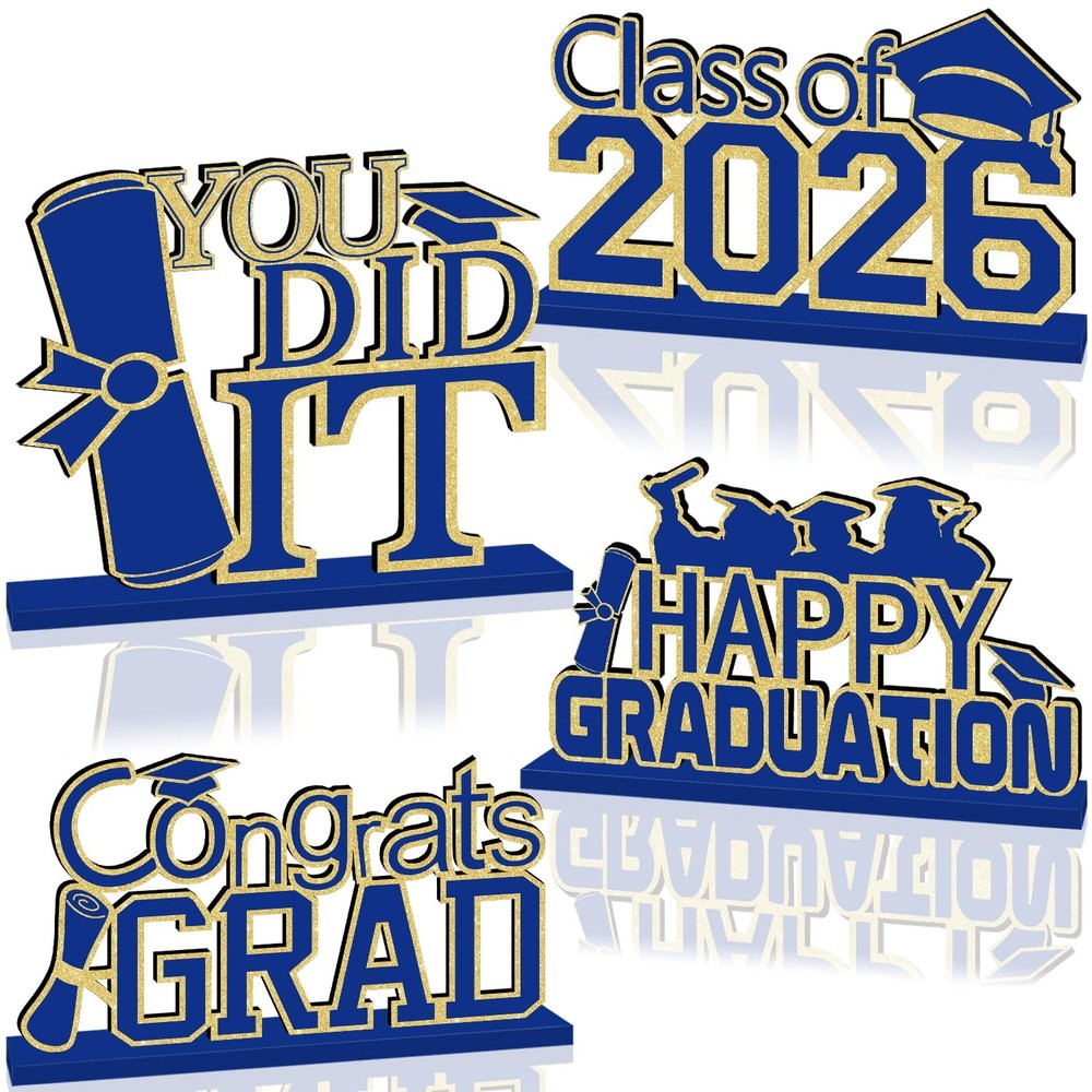 4 PCS Blue Gold Class Of 2026 Graduation Decorations Wooden Table Centerpieces