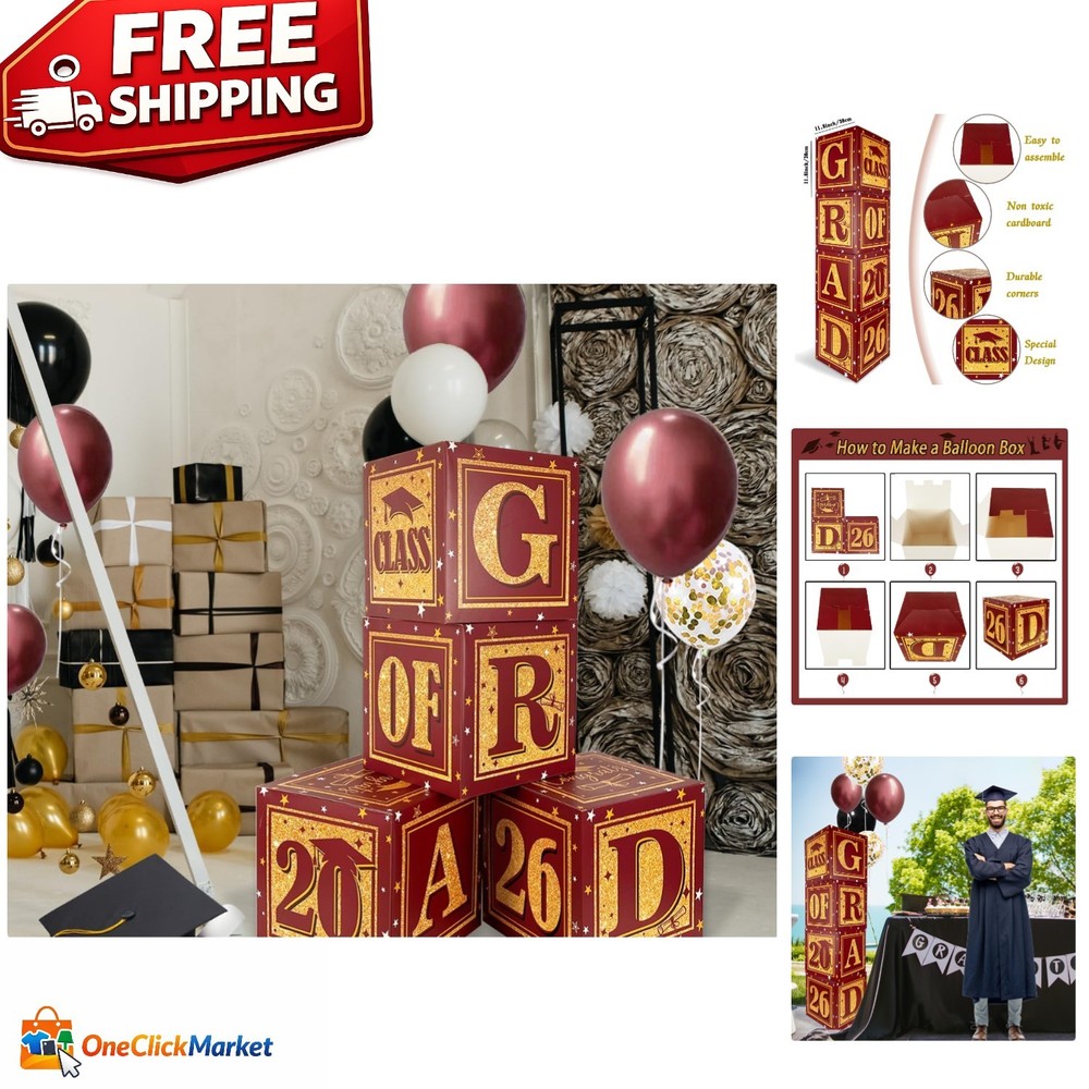 Set of 4 Maroon Graduation Balloon Boxes with ‘GRAD’ Letters – Party Essentials