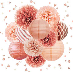 Rose Gold Party Decorations – 12PCS Pom Poms, Lanterns & Confetti Set