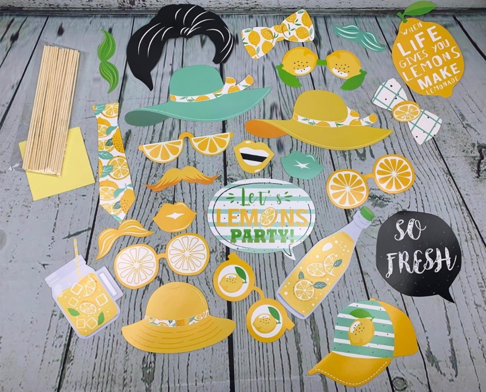 25Pcs Lemon Photo Booth Props with Stick Citrus Lemonade Theme