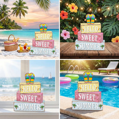Hello Sweet Summer Decorations Flip Flop Wooden Sign Indoor Tabletop Gift 4 Pcs