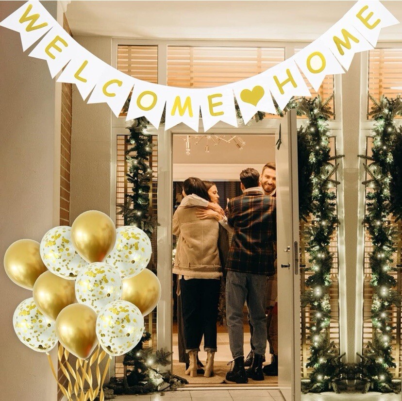 12pcs Gold Welcome Home Decoration Banner&Balloons