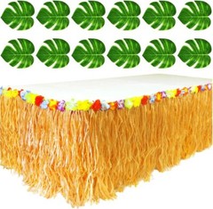 9Ft Hawaiian Luau Table Skirt With Tropical Flowers And Palm Leaves Decor