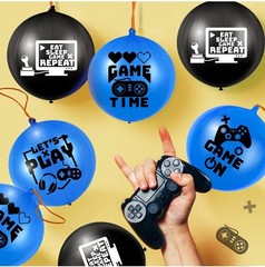 32 Pcs Video Game Punch Balloons Pixelated Punch Ball Balloons (Blue, Black)