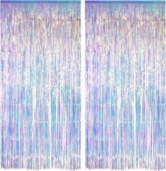 Iridescent Party Streamers Backdrop – Neon Transparent Holographic Tinsel Foi…