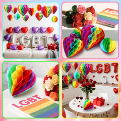 12 Pcs Rainbow Pride Heart round Paper Honeycomb Balls Pride Decorations, Heart