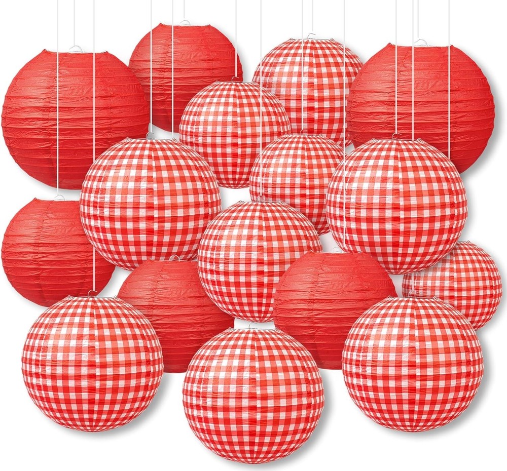 16pc Red Gingham Paper Lantern Party Decorations; Picnic BBQ Italian Theme