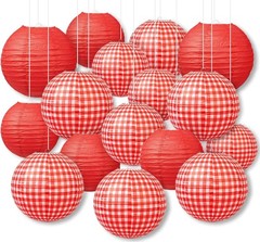 16pc Red Gingham Paper Lantern Party Decorations; Picnic BBQ Italian Theme
