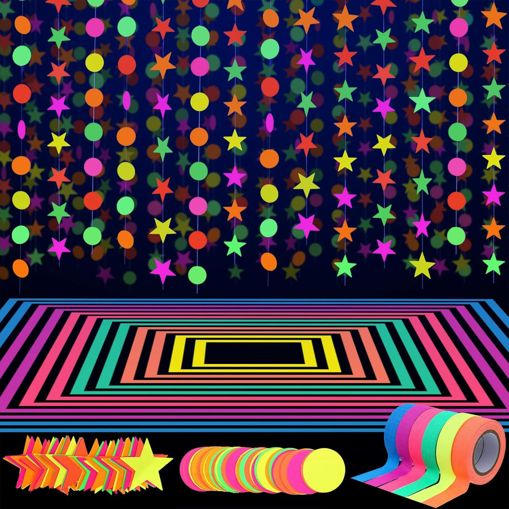 127Ft Glow Neon Party Supplies Set, 6 Colors UV Blacklight Reactive Tape, Neon P