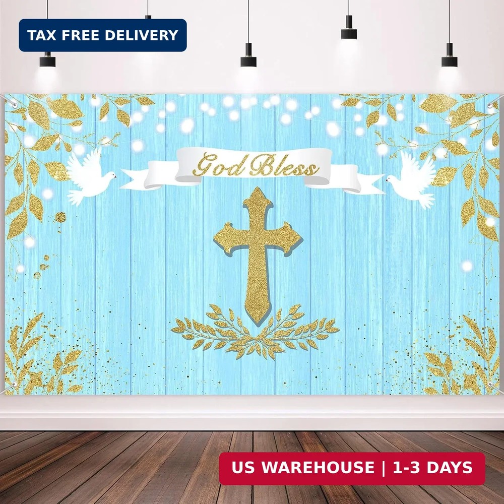 Capoda 71 x 43 Inch God Bless Baptism Backdrop First Communion Party Decoration