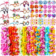 60 Pcs Hawaiian Leis Party Decorations – Luau Theme Glasses, Flower Clips & Wris
