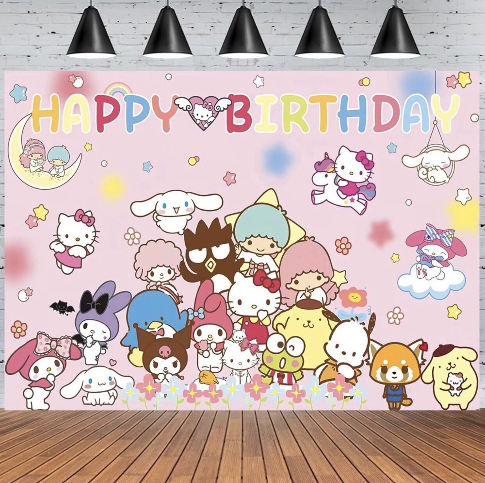 Hello Kitty & Friends Theme Party Decoration, 5×3.5ft Happy Birthday Backdrop