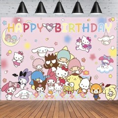 Hello Kitty & Friends Theme Party Decoration, 5×3.5ft Happy Birthday Backdrop