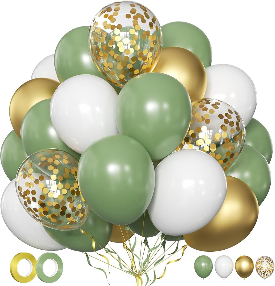 Sage Green Balloons, 50Pcs 12Inch Sage Green White Metallic Gold Confetti Balloo