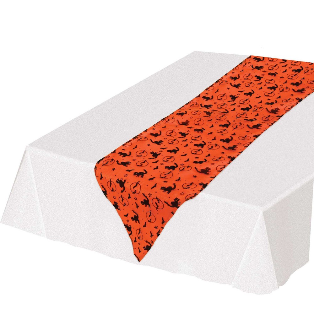 Halloween Fabric Table Runner Cloth Set of 2 Party Decor Black Cats Orange Bats