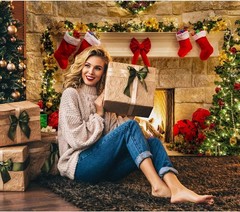 Fondo Navideño 3×2,4 m Chimenea y Árbol, Tela Suave sin Arrugas para Fotos