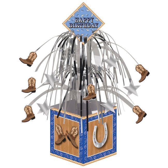 Western Happy Birthday Blue Bandana Cowboy Foil Happy Birthday Centerpiece 14.5″