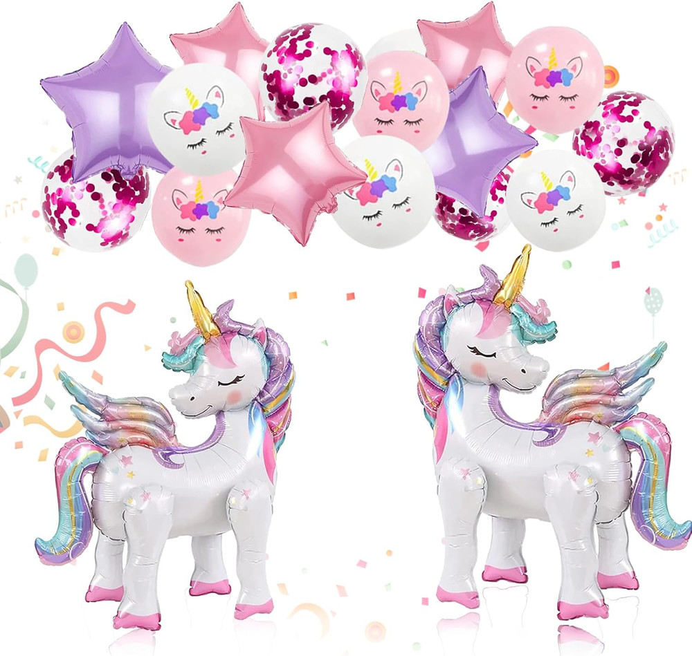 16 Pcs Unicorn Balloons Kit for Birthday Party Decorations – 2 Self Standing 3D