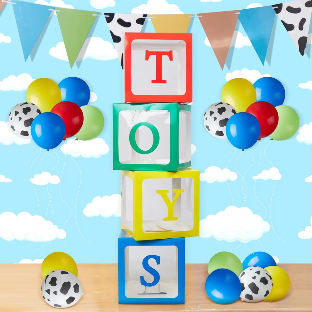 16 Pcs Toy Themed Party Decorations 4 Transparent Balloons Boxes with 12 Funn…