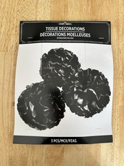 Hanging Tissue Balls Black 3 Count 16 Inch Decorations New Sealed Party Decor