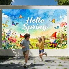 Hello Spring Banner – Watercolor Floral & Gnome Style – 71×43 Inches Polyeste…