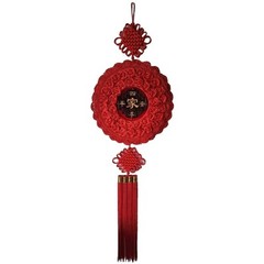 Chinese New Year Red Decoration Round Chinese Knot Ornament W/ Peach Wood 4 Ft