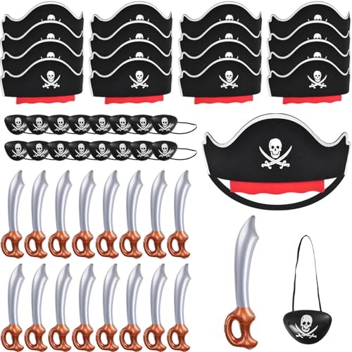 48 Pcs Pirate Accessories for Kids, Include 16 Pirates Hats, 16 48pcs Pirate