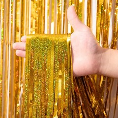 2 Pack Laser Gold Foil Fringe Backdrop Curtains, Tinsel Streamers Birthday Party