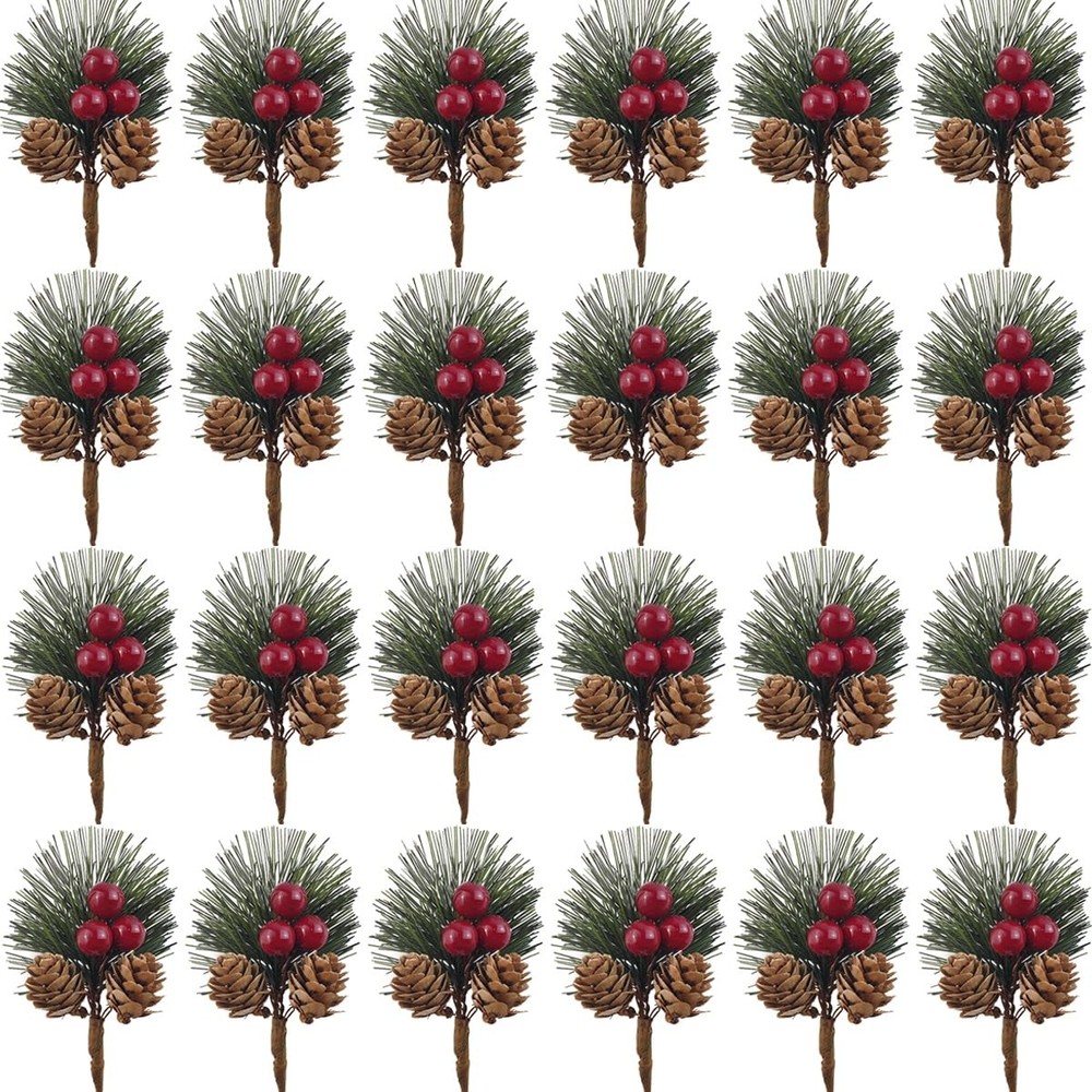 TIHOOD 25PCS Artificial Pine Picks, 3.15″ x 2.36″, Green, Red and Brown