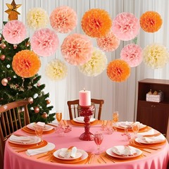 12 PCS Orange Paper Pom Poms Party 2 Colors Hanging Tissue Flower 8/10/12 In