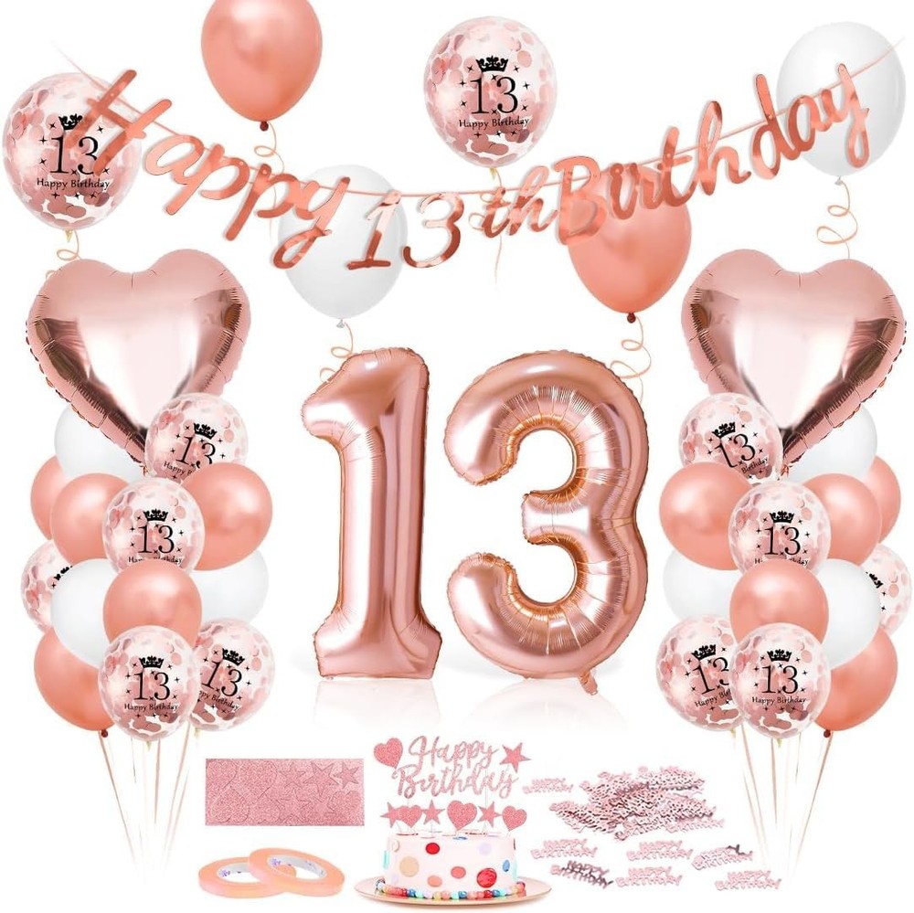 Rose Gold 13th Birthday Decorations for Girls Women, Happy 13th Birthday Bann…