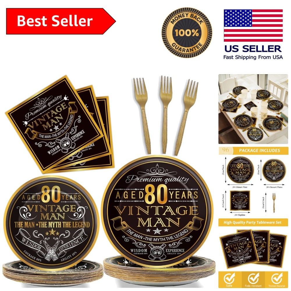 Vintage 80th Birthday Party Supplies – 96-Piece Set for Elegant Celebrations