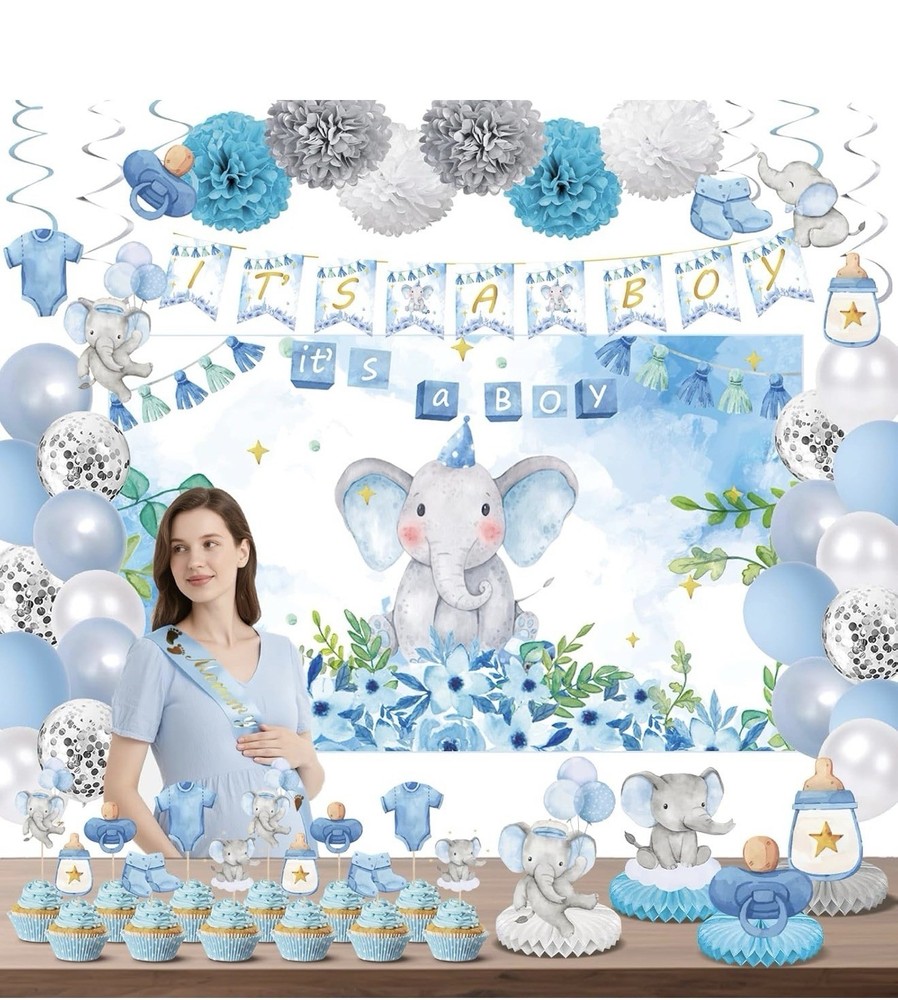 Elephant Baby Shower Decorations for Boy, Blue Baby Boy Shower Decorations Kits