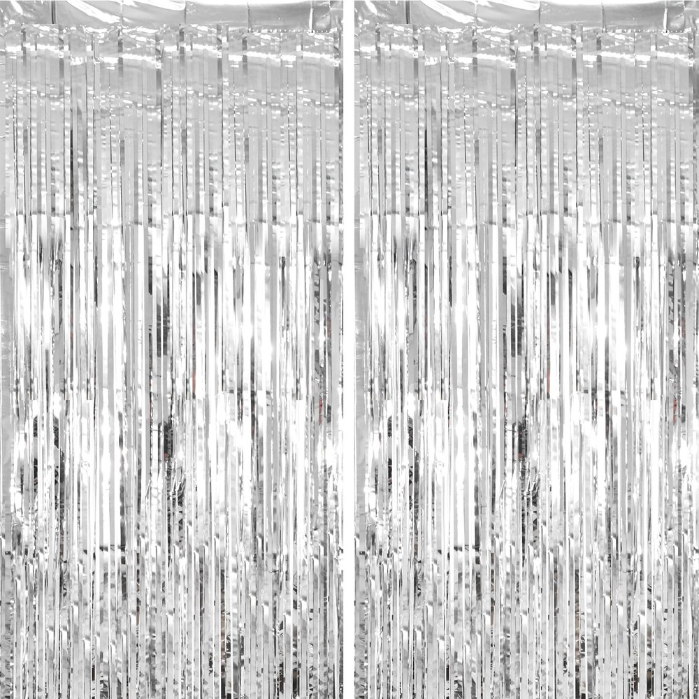 2 Pack Silver Tinsel Foil Fringe Curtains, Metallic, Streamers, Party, Backdrop