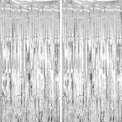 2 Pack Silver Tinsel Foil Fringe Curtains, Metallic, Streamers, Party, Backdrop