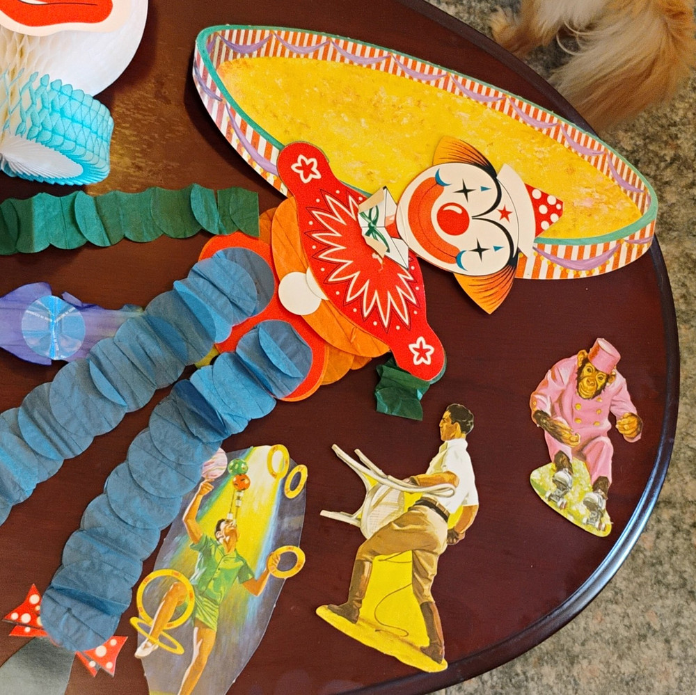 Vintage Circus Clown Theme Paper Party Decorations Lot, Multicolor Cutouts Decor